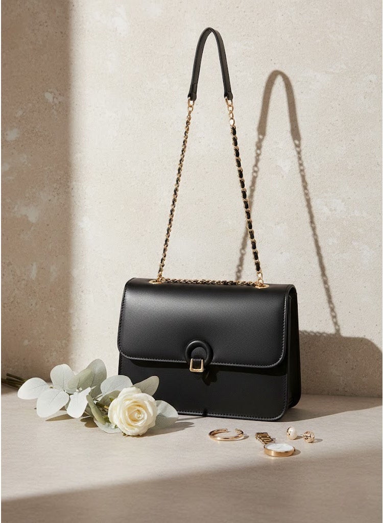 FUMES Black Women’s Luxury Flap Shoulder Bag with Chain Strap and Magnetic Closure - Image 1